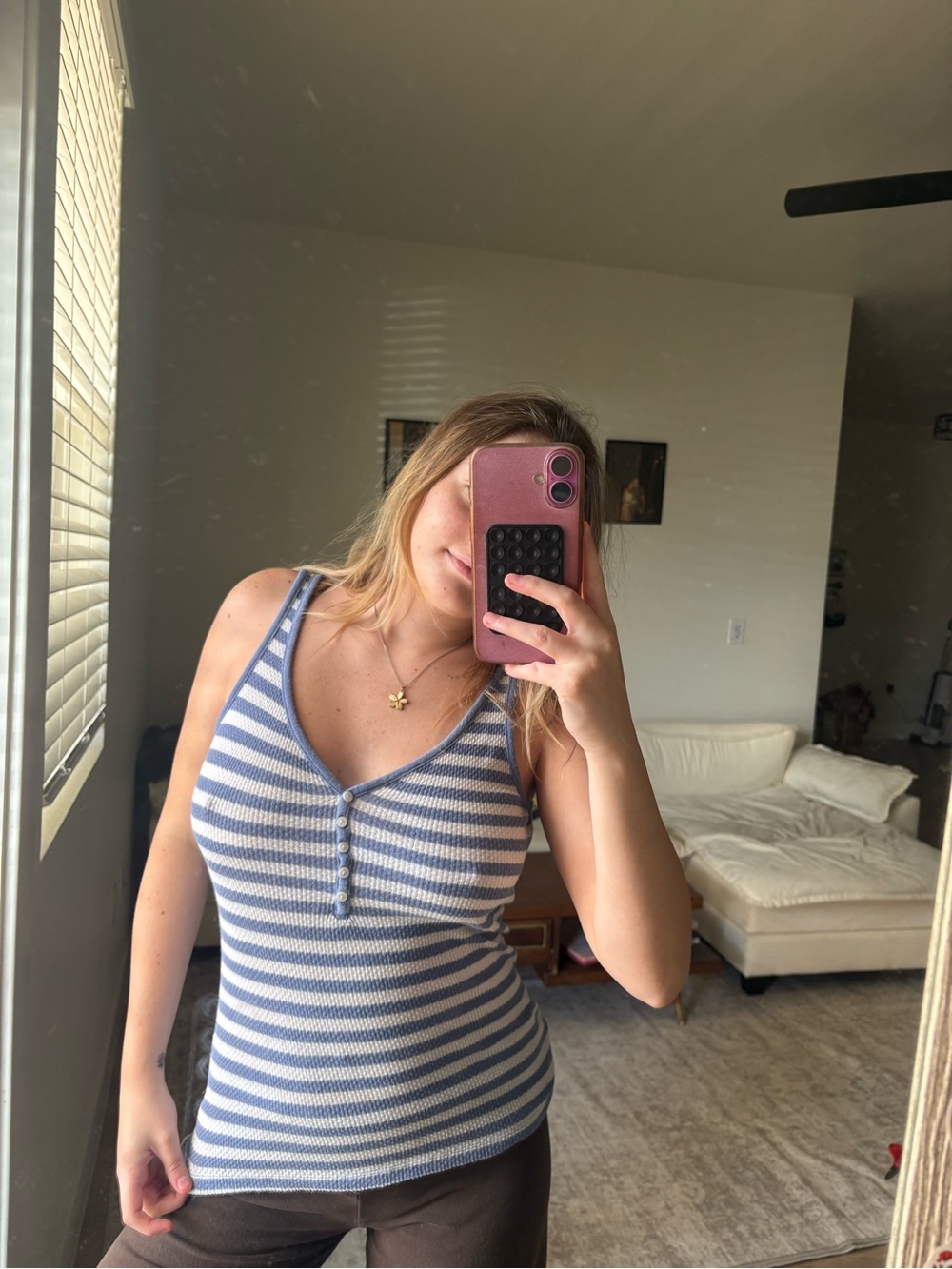Old Navy Blue and White Striped Ribbed Button Tank - Women